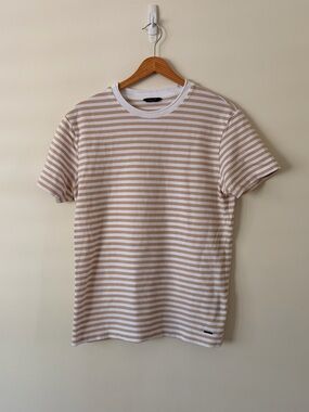 Massimo Dutti Beige and White Striped Short-Sleeve Tee